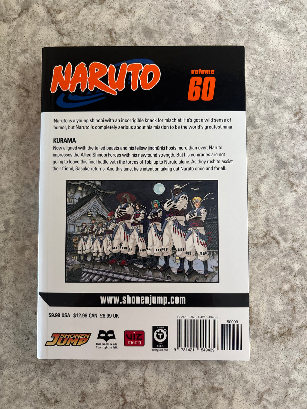 Naruto Volume 60 Shonen Jump manga back cover, featuring character artwork of Naruto and Allied Shinobi Force.